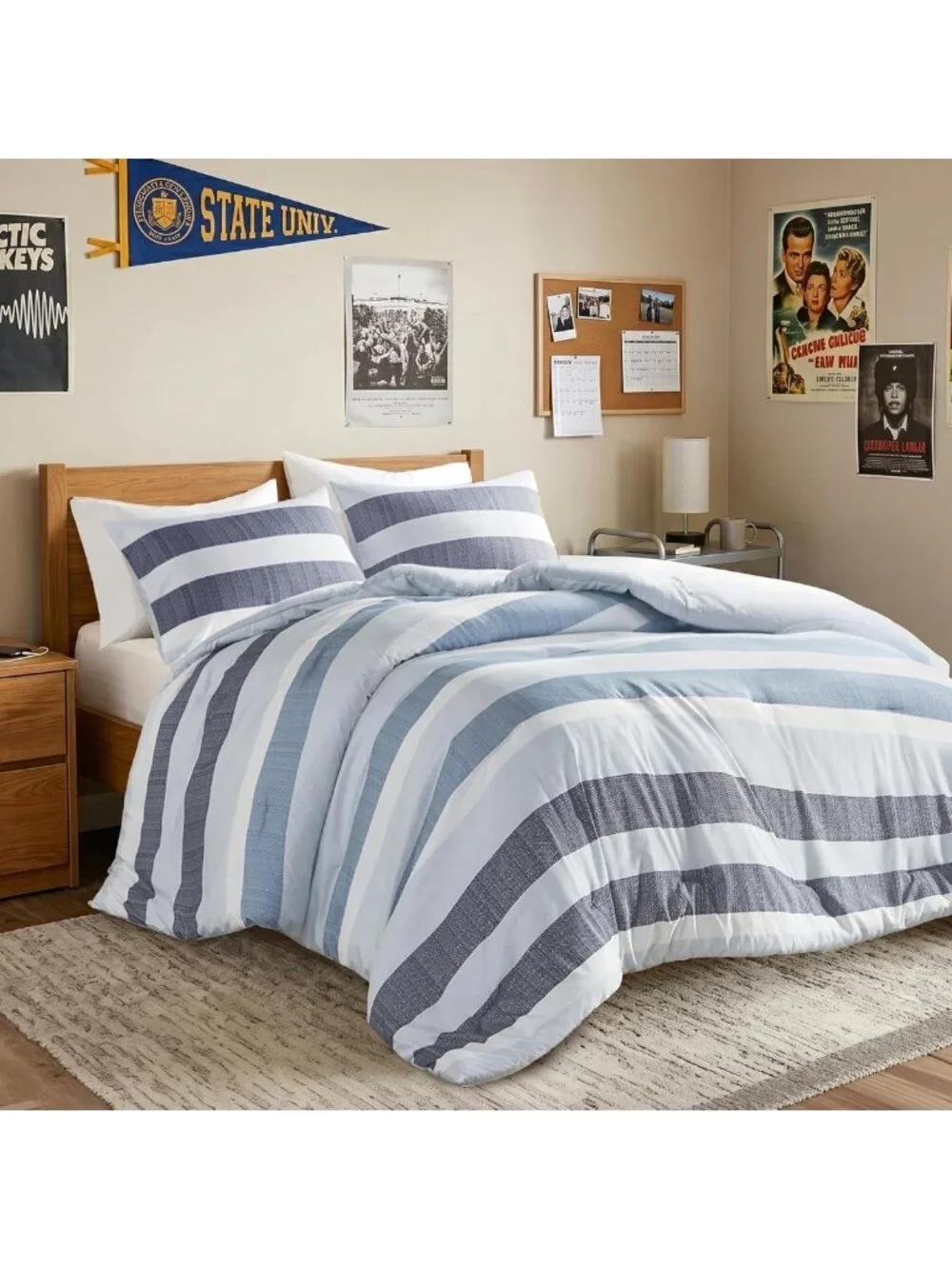 Navy Blue Striped Comforter Set - 3 Piece Full/Queen Bedding, Soft & Reversible
